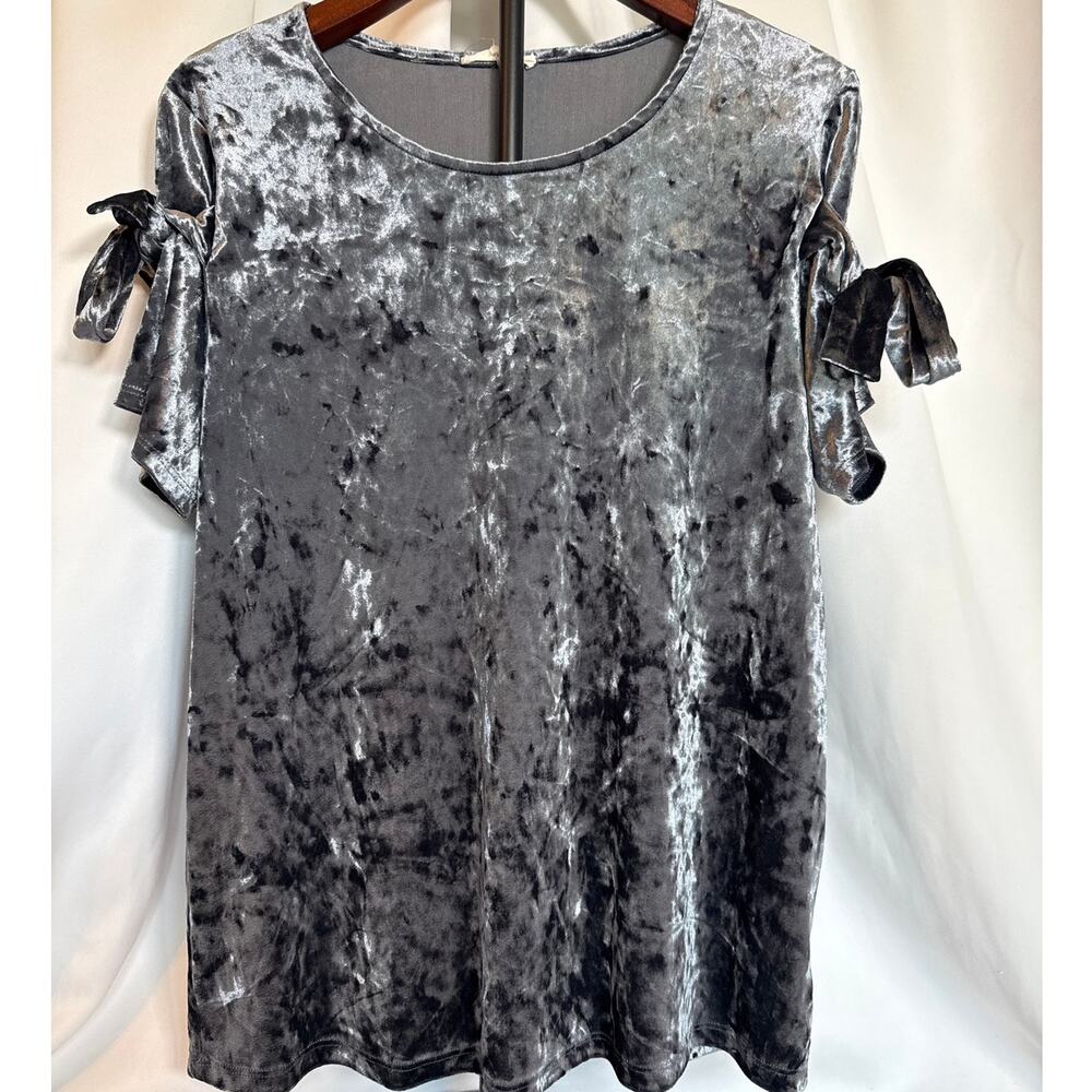 Pleione Crushed Velvet Bow Sleeve Top Large Silvery Blue NWOT Made in USA